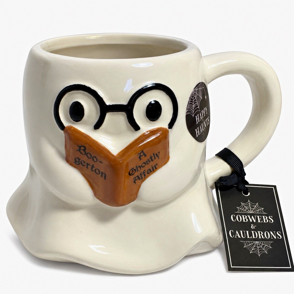 Cobwebs & Cauldrons Halloween Ghost Figural Ceramic Mug 12 oz Hand Painted